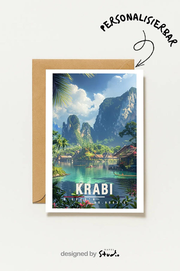 Postkarte Krabi Thailand Lagune & Felsen Krabi Illustration Tropen Reise Naturmotiv Thailand Travel