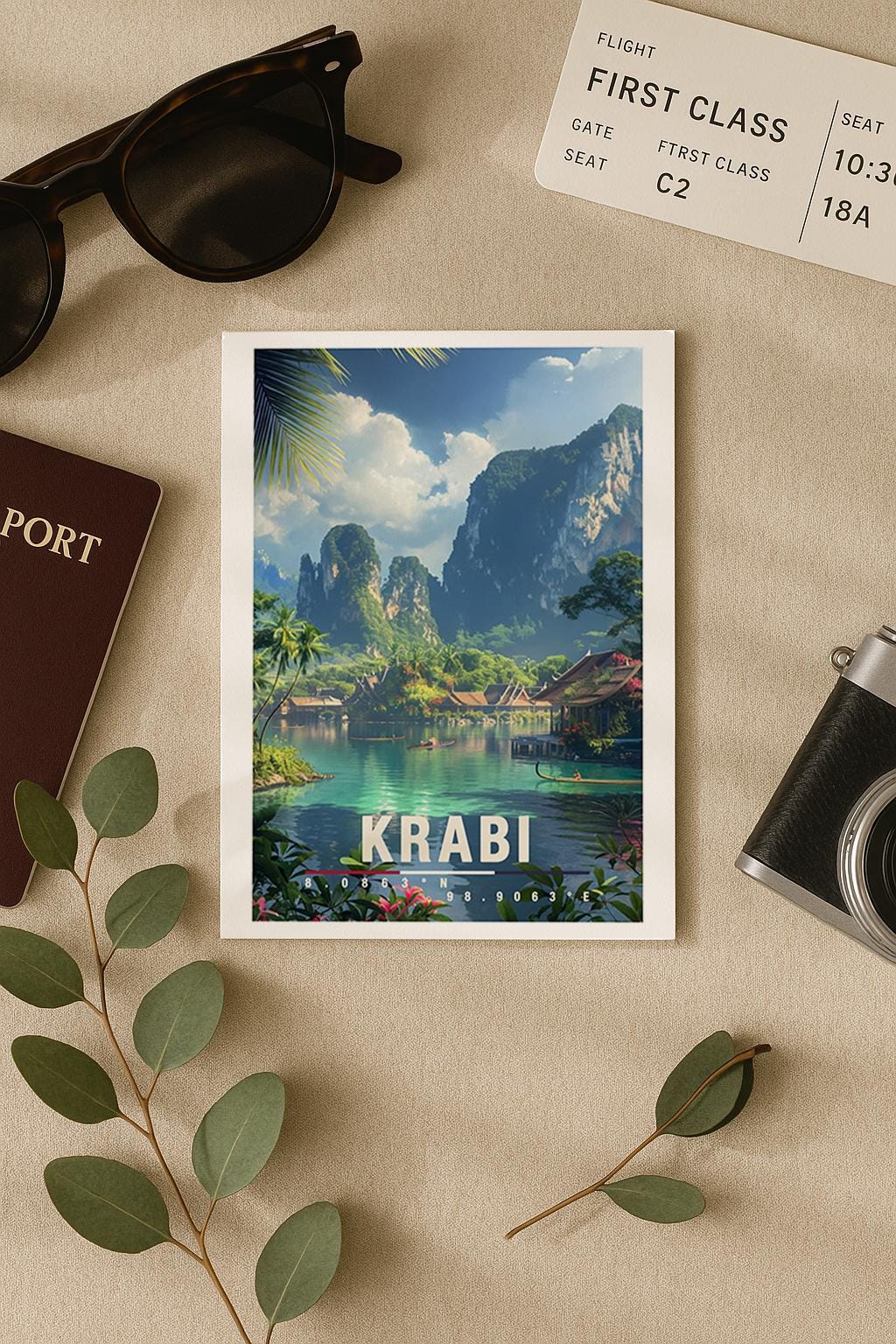 A6-Grußkarte mit Krabi-Illustration: Ruhige Lagune mit türkisgrünem Wasser, traditionellen Booten und Holzbungalows am Ufer. Umgeben von dichter tropischer Vegetation und hohen Kalksteinfelsen unter blauem Himmel mit Wolken. Leuchtende Farben und moderner Travel-Poster-Stil, ideal als Reise- oder Souvenirkarte für Thailand- und Natur-Liebhaber.