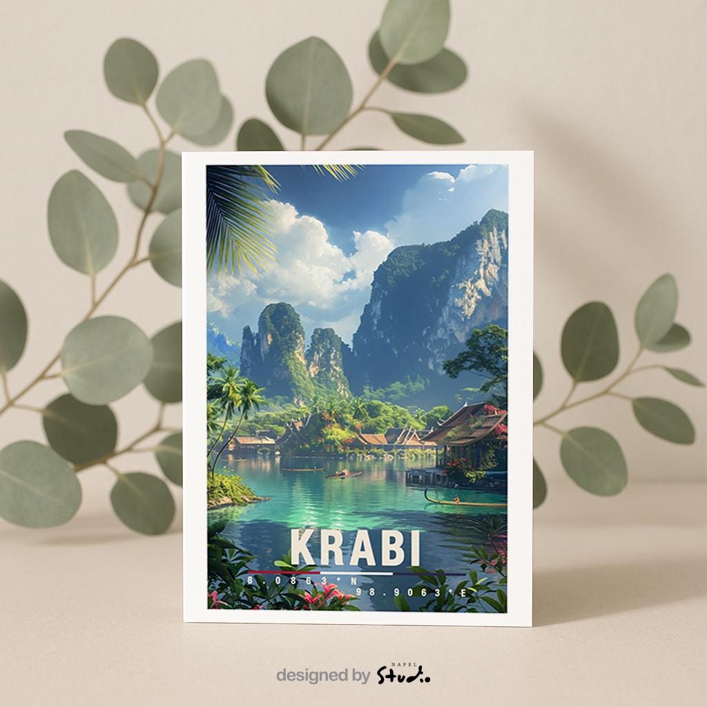 A6-Grußkarte mit Krabi-Illustration: Ruhige Lagune mit türkisgrünem Wasser, traditionellen Booten und Holzbungalows am Ufer. Umgeben von dichter tropischer Vegetation und hohen Kalksteinfelsen unter blauem Himmel mit Wolken. Leuchtende Farben und moderner Travel-Poster-Stil, ideal als Reise- oder Souvenirkarte für Thailand- und Natur-Liebhaber.