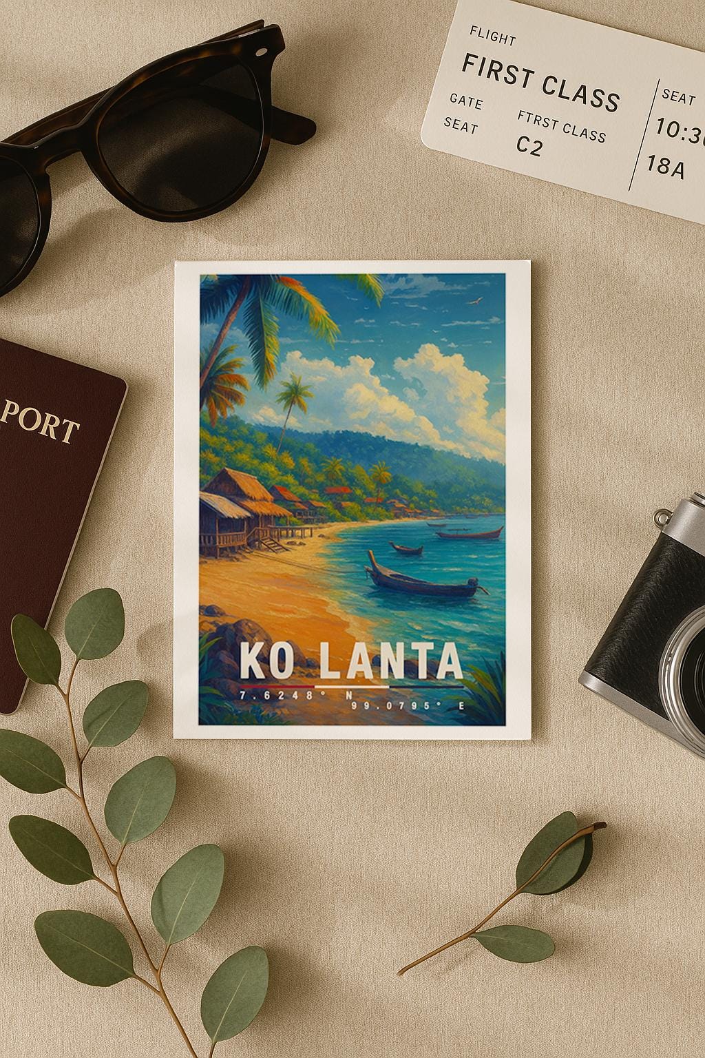 A6-Grußkarte mit Koh-Lanta-Illustration: Tropischer Sandstrand mit türkisblauem Meer, traditionellen Holzhütten und kleinen Booten im Wasser. Palmen und üppige Vegetation umrahmen die Szene, im Hintergrund Hügel unter blauem Himmel mit Wolken. Warme Farben und moderner Travel-Poster-Stil, ideal als Reise- oder Souvenirkarte für Thailand- und Insel-Liebhaber.