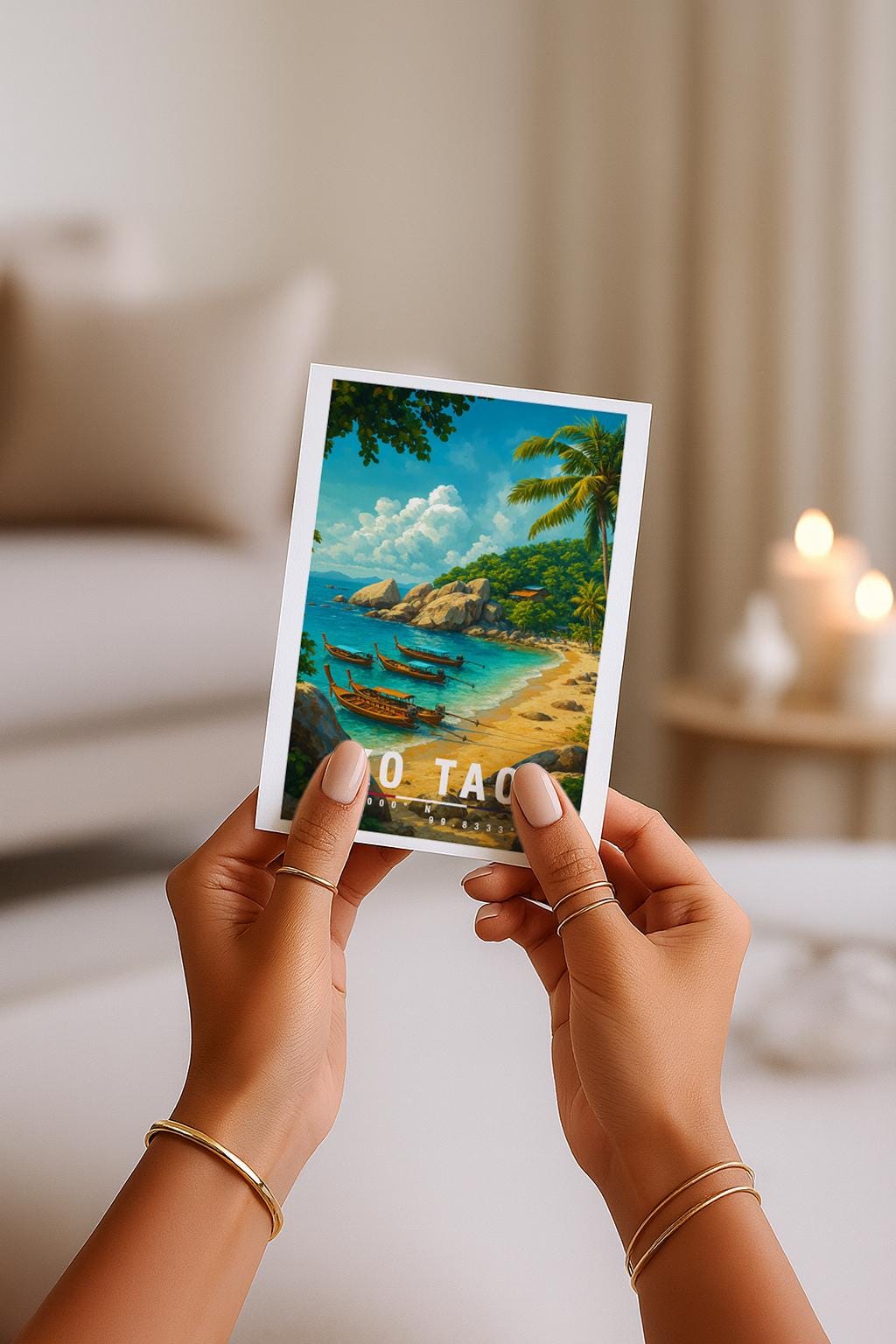 A6-Grußkarte mit Koh-Tao-Illustration: Tropischer Sandstrand mit türkisblauem Meer, mehreren traditionellen Longtail-Booten und Felsen am Ufer. Palmen und üppige Vegetation umrahmen die Szene, im Hintergrund ein grüner Hügel unter blauem Himmel mit Wolken. Leuchtende Farben im modernen Travel-Poster-Stil, ideal als Reise- oder Souvenirkarte für Thailand- und Insel-Liebhaber.