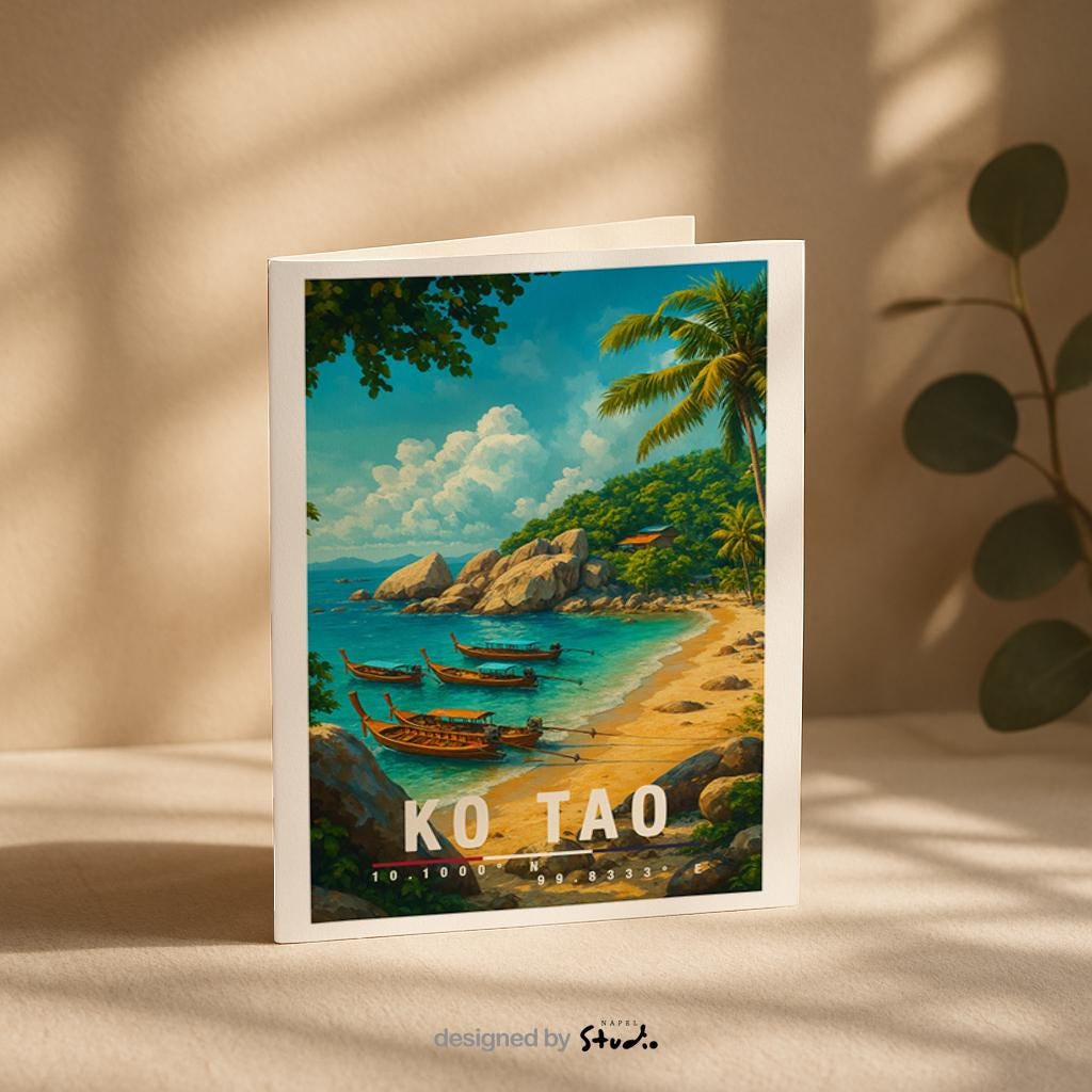 A6-Grußkarte mit Koh-Tao-Illustration: Tropischer Sandstrand mit türkisblauem Meer, mehreren traditionellen Longtail-Booten und Felsen am Ufer. Palmen und üppige Vegetation umrahmen die Szene, im Hintergrund ein grüner Hügel unter blauem Himmel mit Wolken. Leuchtende Farben im modernen Travel-Poster-Stil, ideal als Reise- oder Souvenirkarte für Thailand- und Insel-Liebhaber.