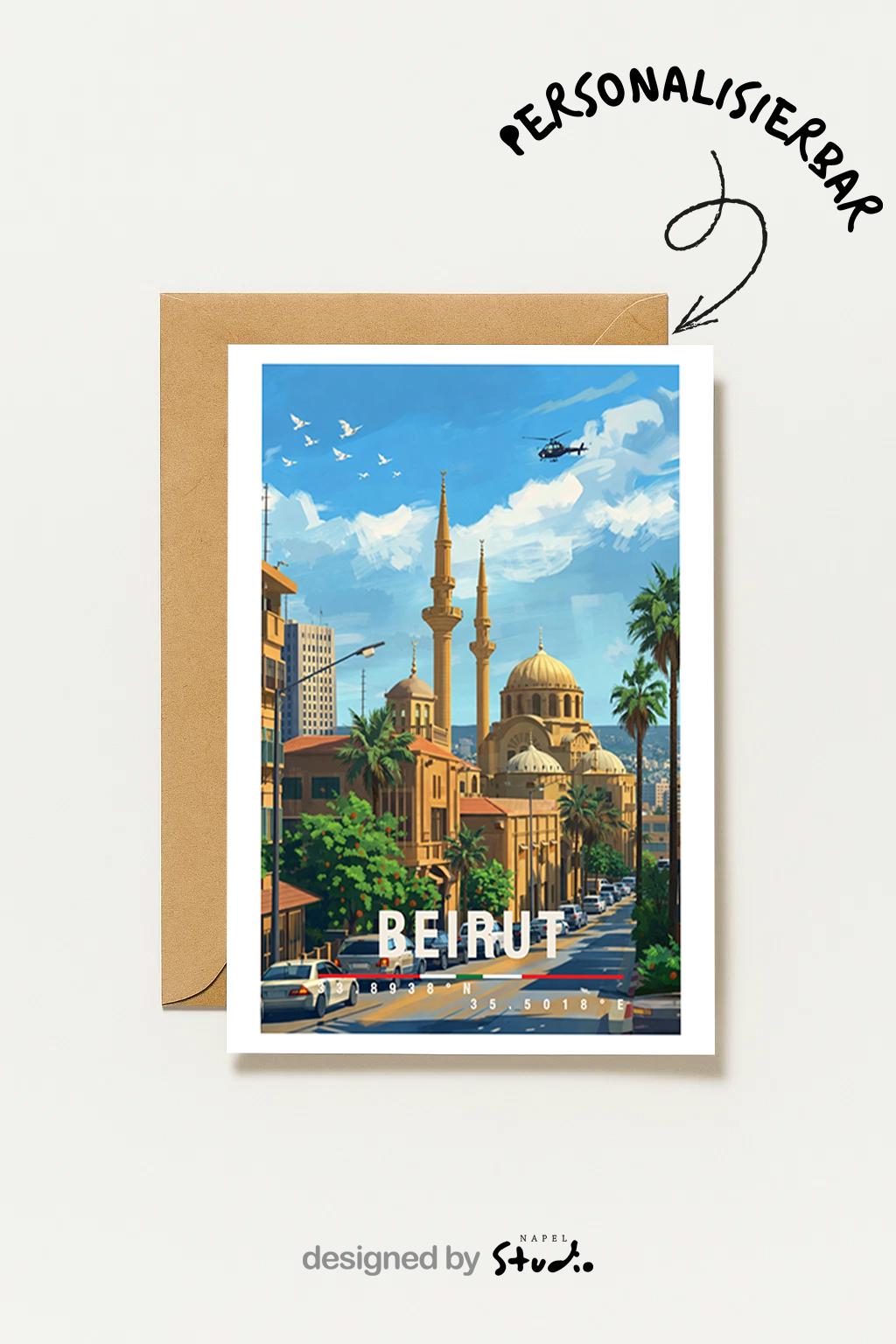 Illustrative Grußkarte mit Beirut-Motiv im Libanon. Zu sehen sind sonnige Stadtstraßen, mediterrane Häuser, Moscheen mit Kuppeln und Minaretten sowie ein weiter Blick über die Stadt bis zum Meer. Die Farben wirken warm und einladend und vermitteln Kultur, Geschichte und urbanes Lebensgefühl. Ideal als Reise-Grußkarte, Erinnerung an Beirut oder liebe Nachricht für Libanon-Fans und Weltenbummler.