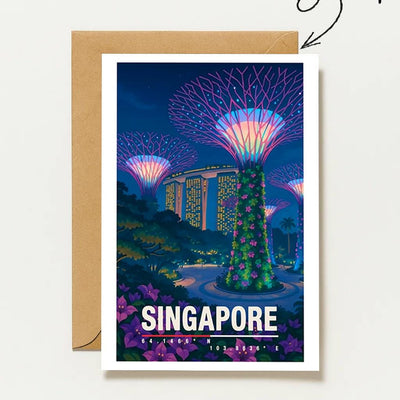 Postkarte Singapur Mit Gardens By The Bay Bei Nacht Moderne Städtereise Illustration & Geschenk Singapore Asia City Travel Art