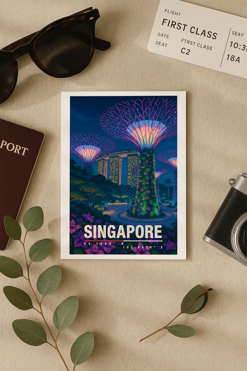 Moderne Illustration von Singapur bei Nacht mit den ikonischen Supertrees im Gardens by the Bay, beleuchteten Hochhäusern und Menschen im Park. Die Farben sind lebendig, futuristisch und tropisch, ideal für Fans von asiatischen Metropolen, Architektur und urbaner Reisekunst.