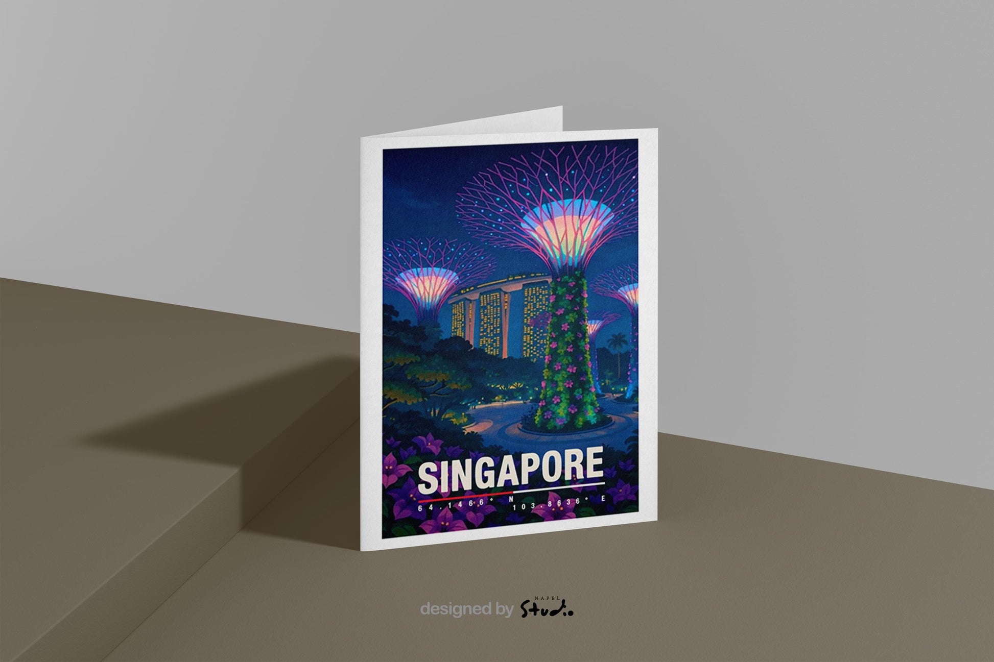 Moderne Illustration von Singapur bei Nacht mit den ikonischen Supertrees im Gardens by the Bay, beleuchteten Hochhäusern und Menschen im Park. Die Farben sind lebendig, futuristisch und tropisch, ideal für Fans von asiatischen Metropolen, Architektur und urbaner Reisekunst.