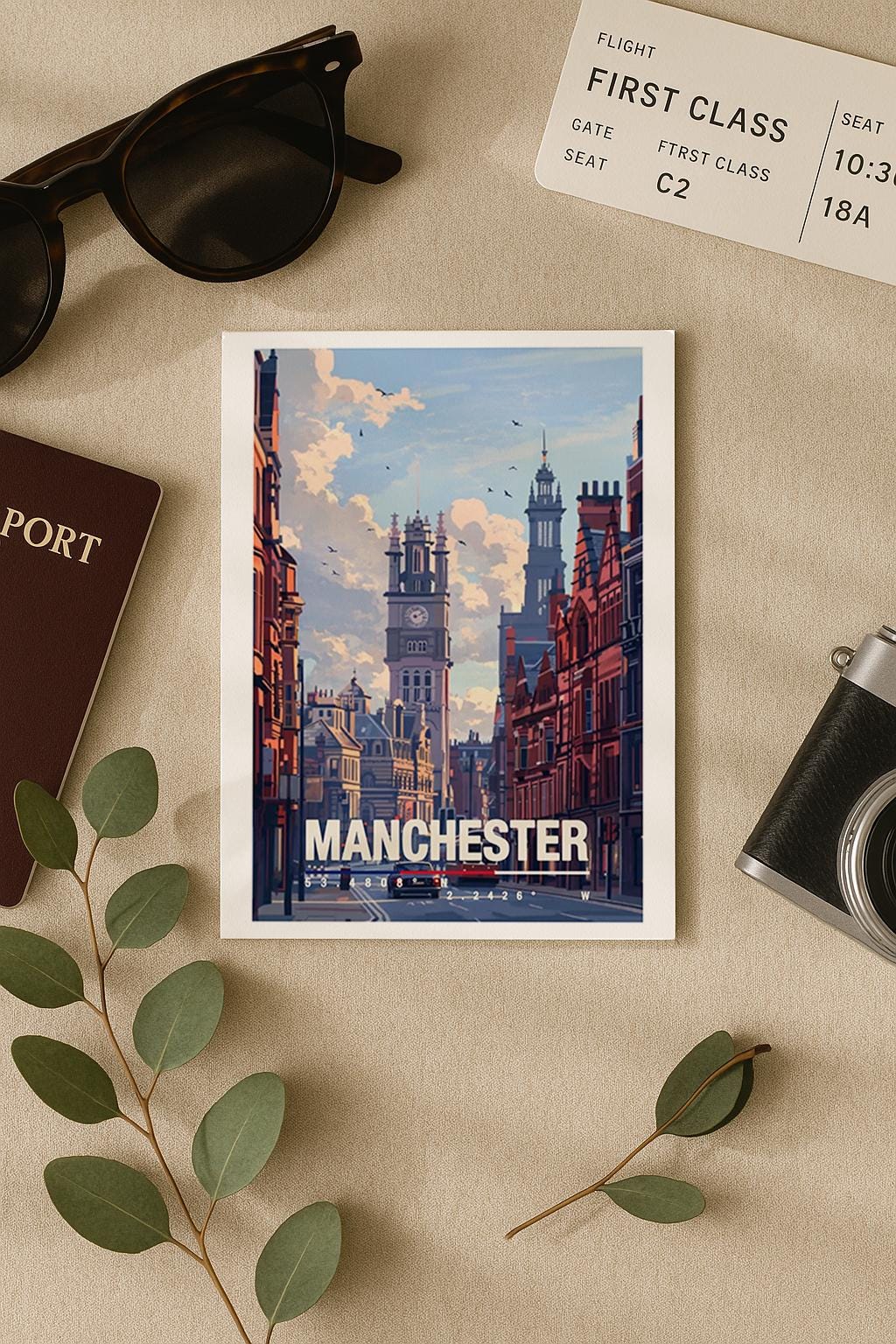 Illustration einer Straße in Manchester mit historischer Architektur, Uhrturm und Straßenbahn im Vordergrund. Die Szene zeigt typisch englische Backsteingebäude, urbanes Leben und eine ruhige Atmosphäre, ideal als Erinnerung an Großbritannien oder als Geschenk für Stadtliebhaber.