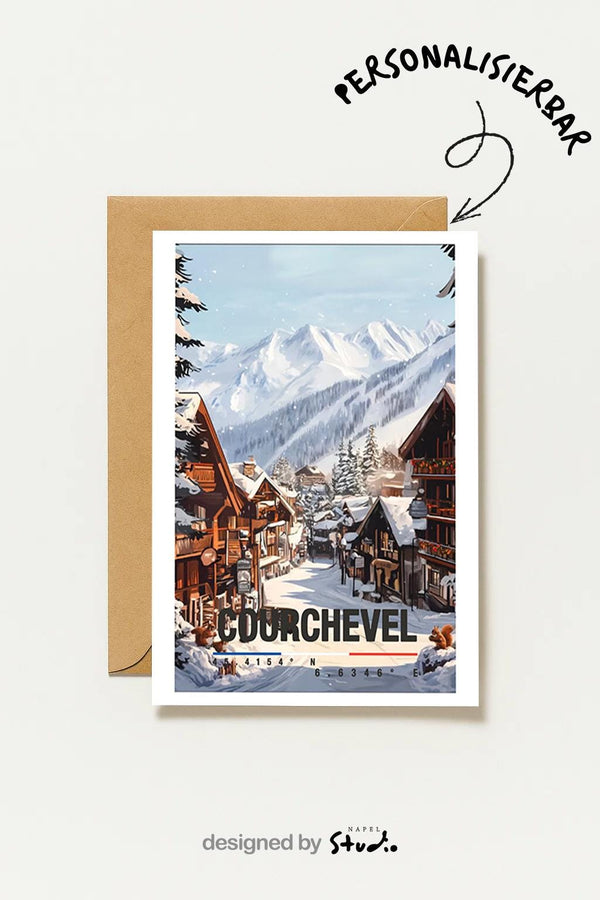 Courchevel Mit Alpen Winterdorf & Bergen Romantische Winter Reisekarte Courchevel France Alpine Travel Art