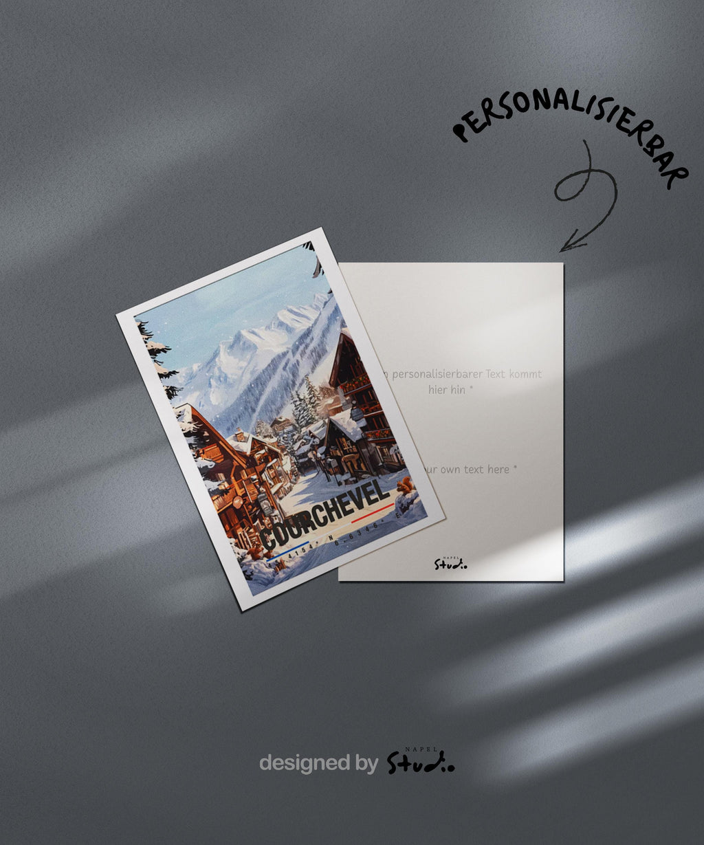 Winterliche Illustration von Courchevel mit verschneiten Chalets, Bergdorf-Atmosphäre und imposanten Alpen im Hintergrund. Die Szene strahlt Ruhe, Gemütlichkeit und alpine Eleganz aus und eignet sich perfekt als Geschenk für Ski-, Winter- und Frankreich-Liebhaber.