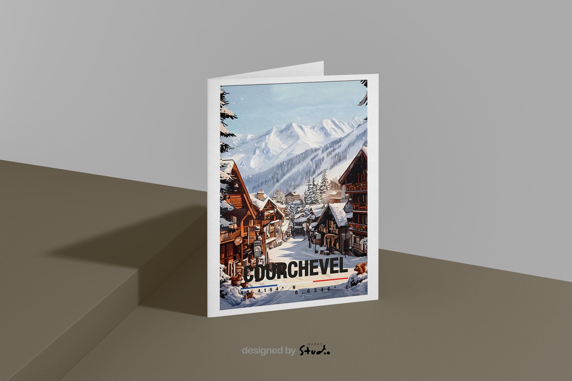 Winterliche Illustration von Courchevel mit verschneiten Chalets, Bergdorf-Atmosphäre und imposanten Alpen im Hintergrund. Die Szene strahlt Ruhe, Gemütlichkeit und alpine Eleganz aus und eignet sich perfekt als Geschenk für Ski-, Winter- und Frankreich-Liebhaber.