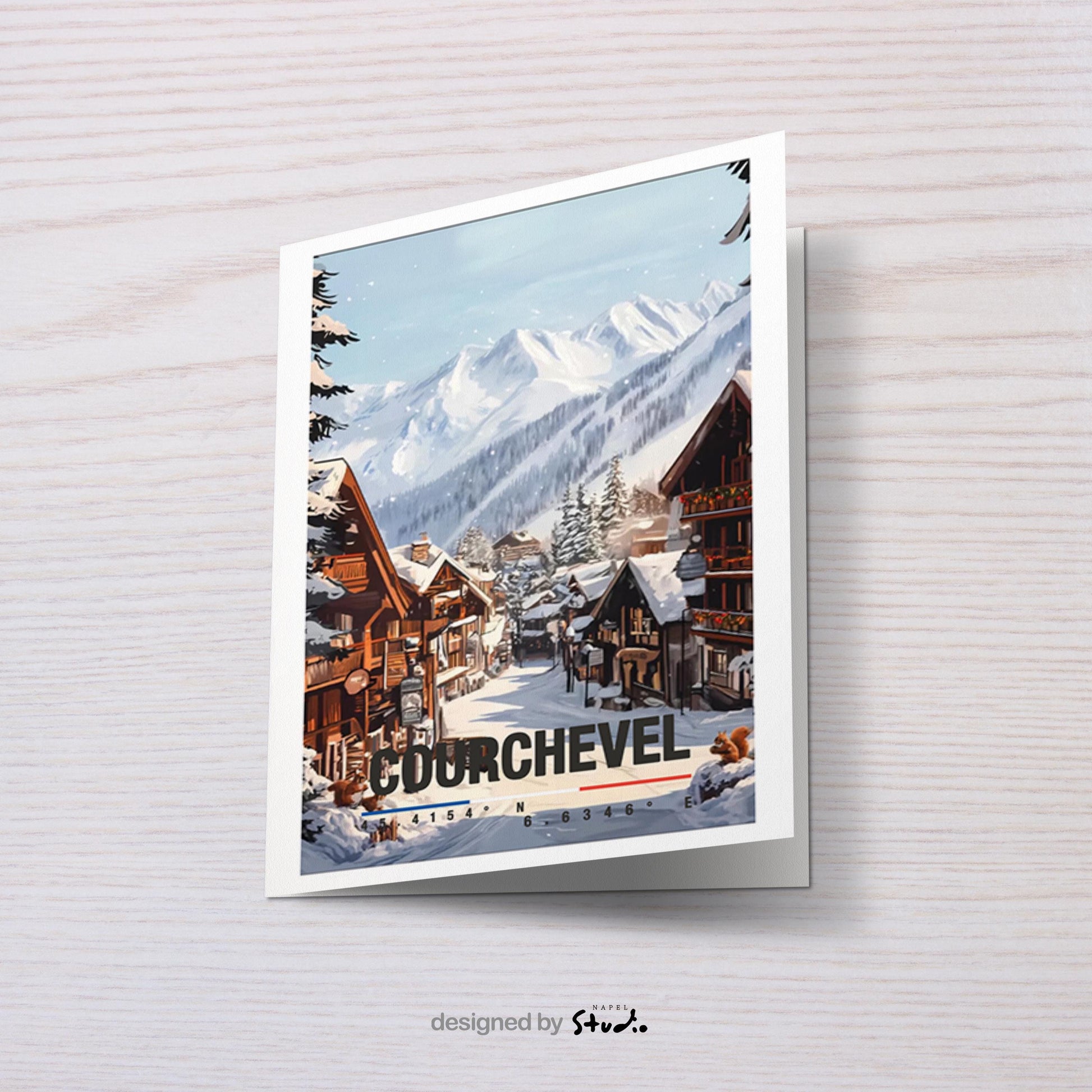Winterliche Illustration von Courchevel mit verschneiten Chalets, Bergdorf-Atmosphäre und imposanten Alpen im Hintergrund. Die Szene strahlt Ruhe, Gemütlichkeit und alpine Eleganz aus und eignet sich perfekt als Geschenk für Ski-, Winter- und Frankreich-Liebhaber.