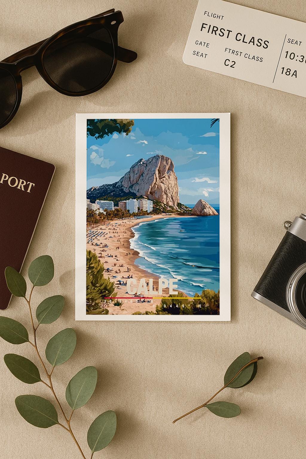 Illustration der Küste von Calpe mit goldenem Strand, türkisfarbenem Meer und dem markanten Felsen Peñón de Ifach. Die Szene wirkt sonnig, entspannt und mediterran und vermittelt Urlaubsgefühl, Sommer, Meer und spanische Küstenlandschaft.
Tags: