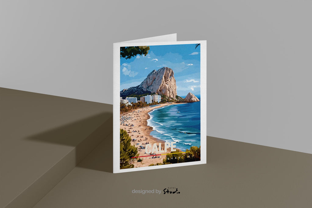 Illustration der Küste von Calpe mit goldenem Strand, türkisfarbenem Meer und dem markanten Felsen Peñón de Ifach. Die Szene wirkt sonnig, entspannt und mediterran und vermittelt Urlaubsgefühl, Sommer, Meer und spanische Küstenlandschaft.
Tags: