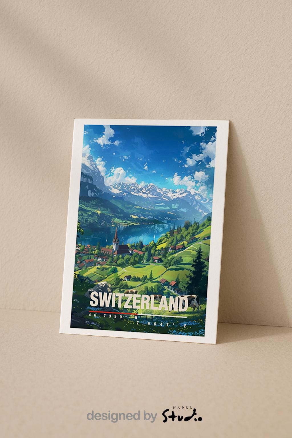 Illustration einer idyllischen Schweizer Landschaft mit grünen Wiesen, See, Bergen und einem kleinen Dorf mit Kirche. Die Szene vermittelt Ruhe, Naturverbundenheit und alpine Schönheit, ideal für Naturliebhaber, Wanderfans oder als dekorative Reisekarte.