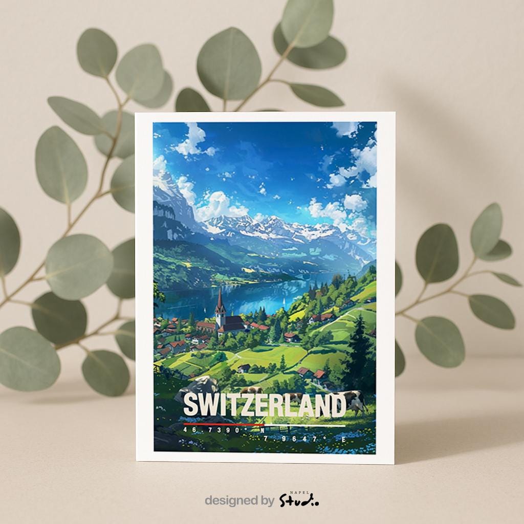 Illustration einer idyllischen Schweizer Landschaft mit grünen Wiesen, See, Bergen und einem kleinen Dorf mit Kirche. Die Szene vermittelt Ruhe, Naturverbundenheit und alpine Schönheit, ideal für Naturliebhaber, Wanderfans oder als dekorative Reisekarte.