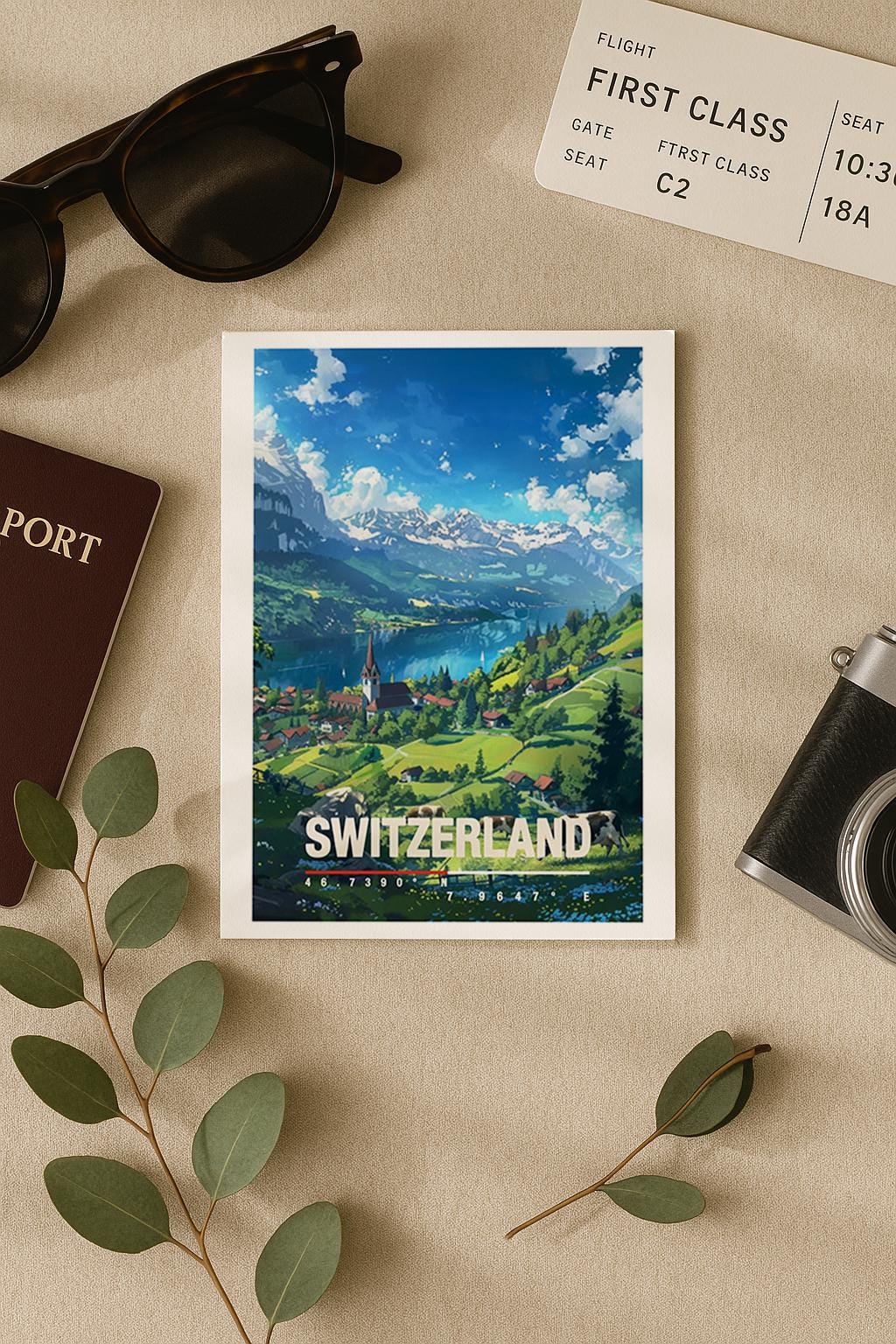 Illustration einer idyllischen Schweizer Landschaft mit grünen Wiesen, See, Bergen und einem kleinen Dorf mit Kirche. Die Szene vermittelt Ruhe, Naturverbundenheit und alpine Schönheit, ideal für Naturliebhaber, Wanderfans oder als dekorative Reisekarte.