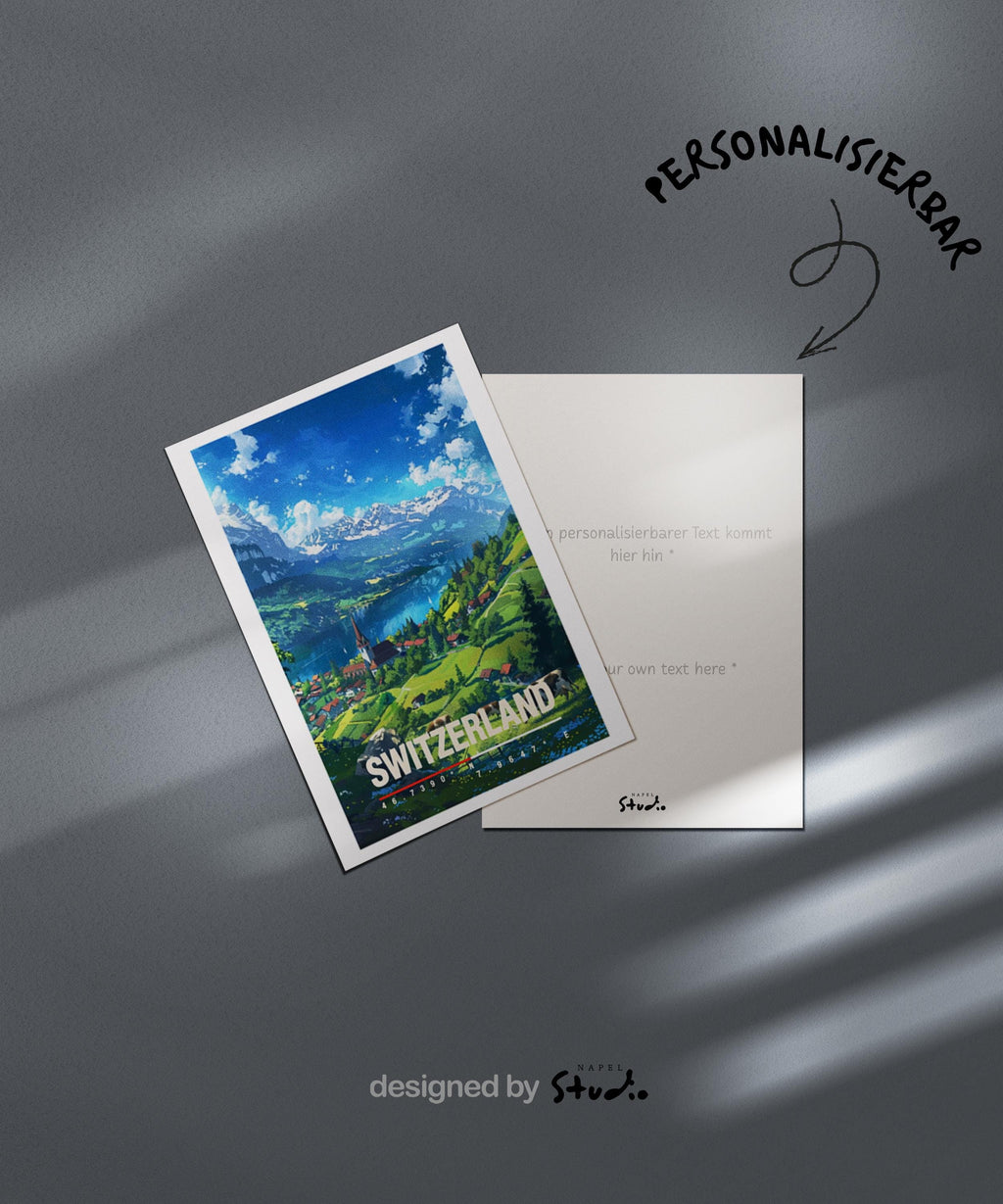 Illustration einer idyllischen Schweizer Landschaft mit grünen Wiesen, See, Bergen und einem kleinen Dorf mit Kirche. Die Szene vermittelt Ruhe, Naturverbundenheit und alpine Schönheit, ideal für Naturliebhaber, Wanderfans oder als dekorative Reisekarte.