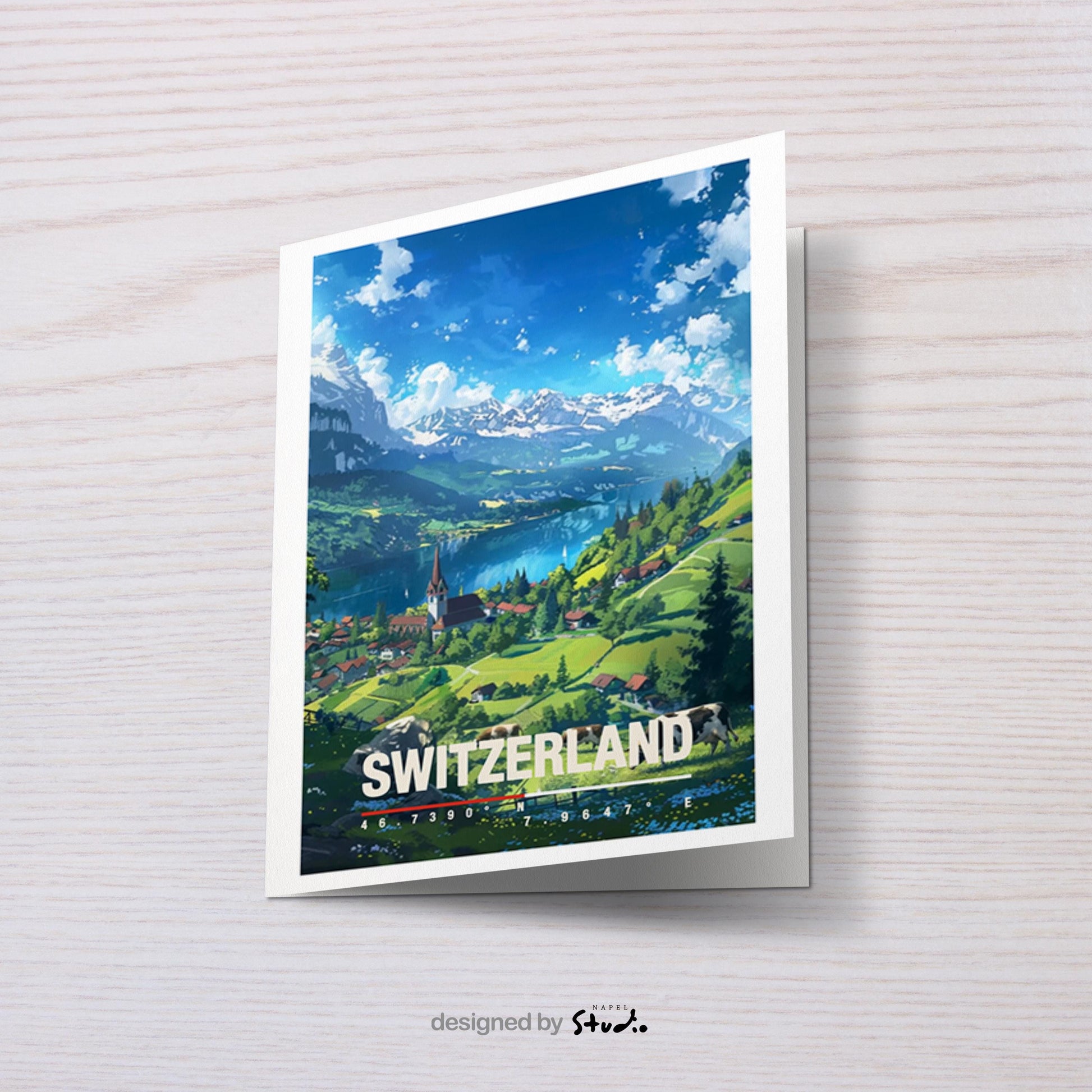 Illustration einer idyllischen Schweizer Landschaft mit grünen Wiesen, See, Bergen und einem kleinen Dorf mit Kirche. Die Szene vermittelt Ruhe, Naturverbundenheit und alpine Schönheit, ideal für Naturliebhaber, Wanderfans oder als dekorative Reisekarte.