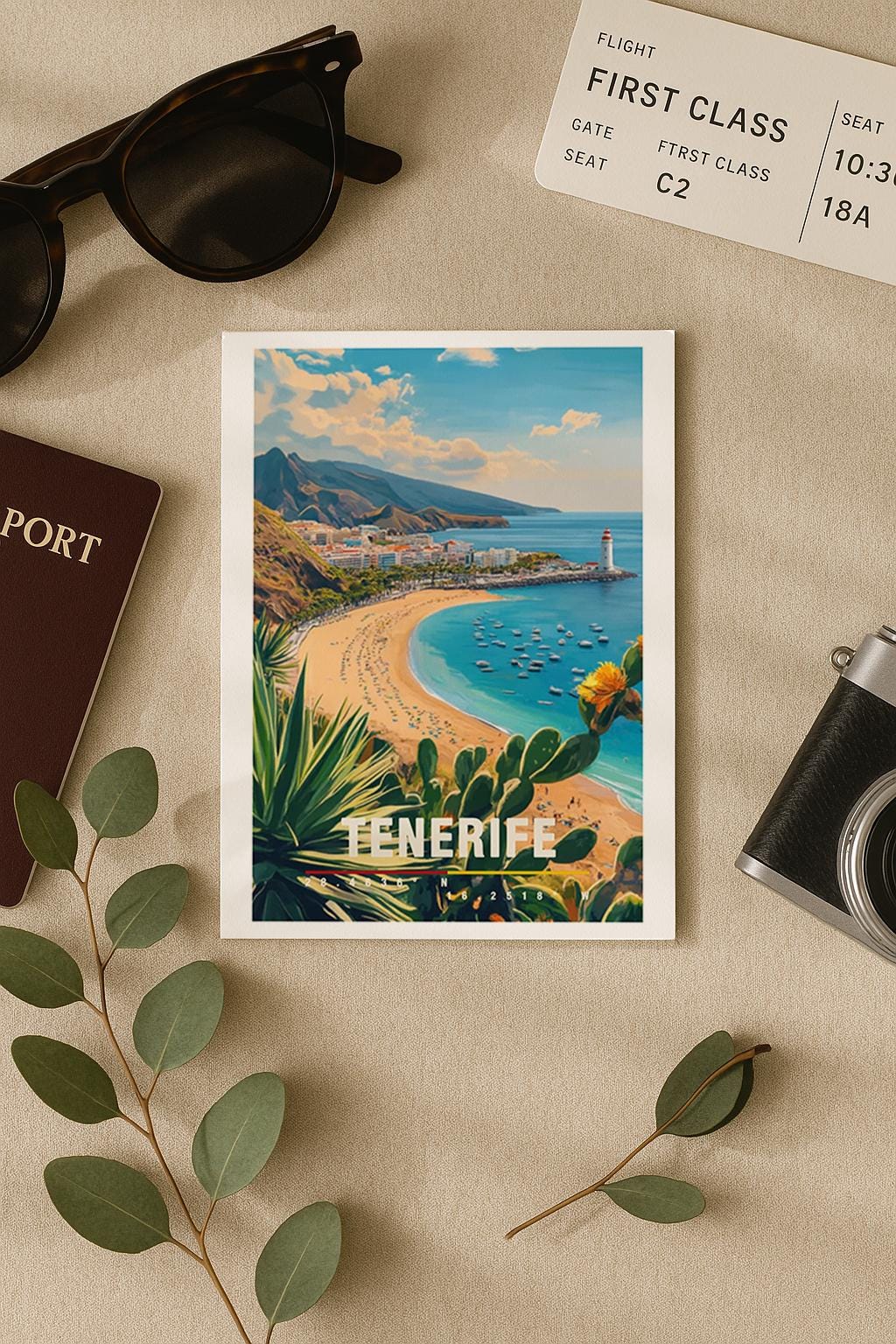 Illustration der Küste von Teneriffa mit hellem Strand, blauem Meer, Palmen und Küstenstadt. Die Szene vermittelt Sonne, Leichtigkeit und Inselurlaub und ist perfekt für Sommerfans, Spanienliebhaber oder als Erinnerung an einen entspannten Urlaub.