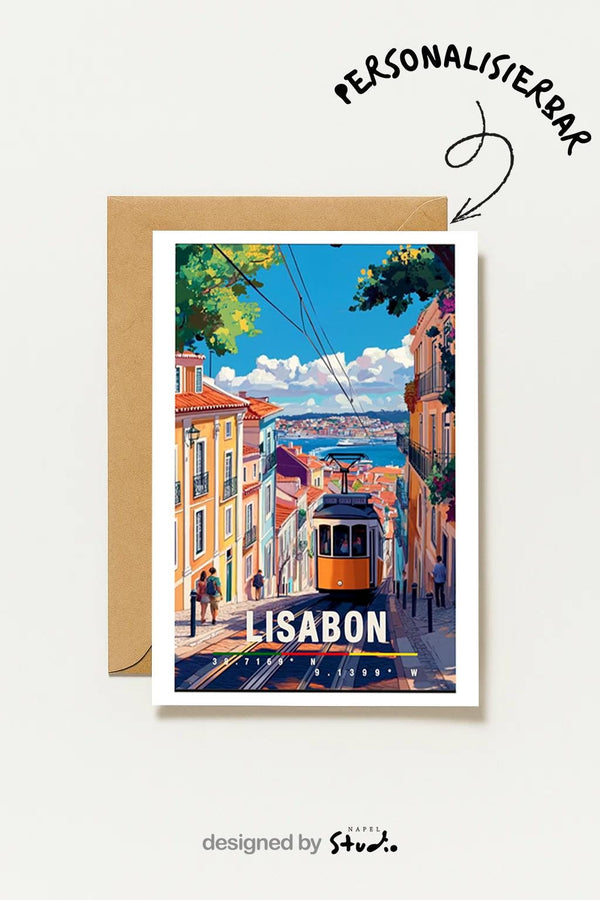 Lissabon Mit Gelber Straßenbahn & Altstadt Romantische Portugal Reisekarte Lisbon Portugal City Travel Art