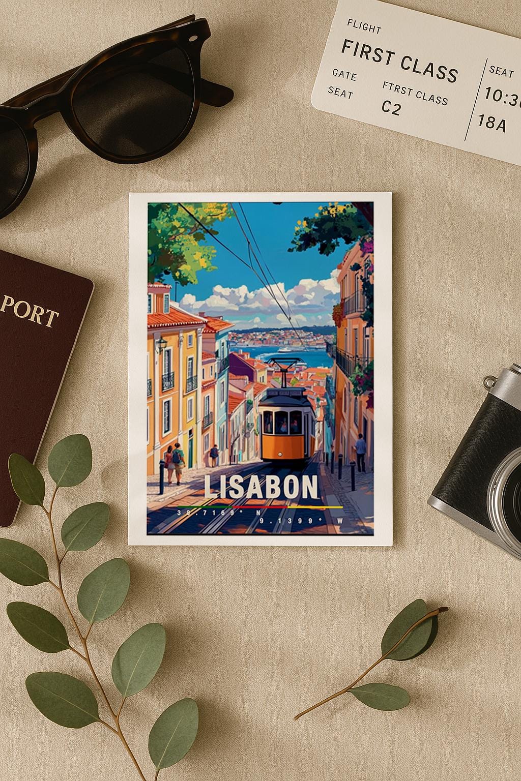 Illustration von Lissabon mit gelber Straßenbahn in einer steilen Altstadtstraße, bunten Häusern und Blick auf das Wasser. Die Szene wirkt lebendig, warm und nostalgisch und vermittelt typisches Portugal-Flair und urbanes Reisegefühl.