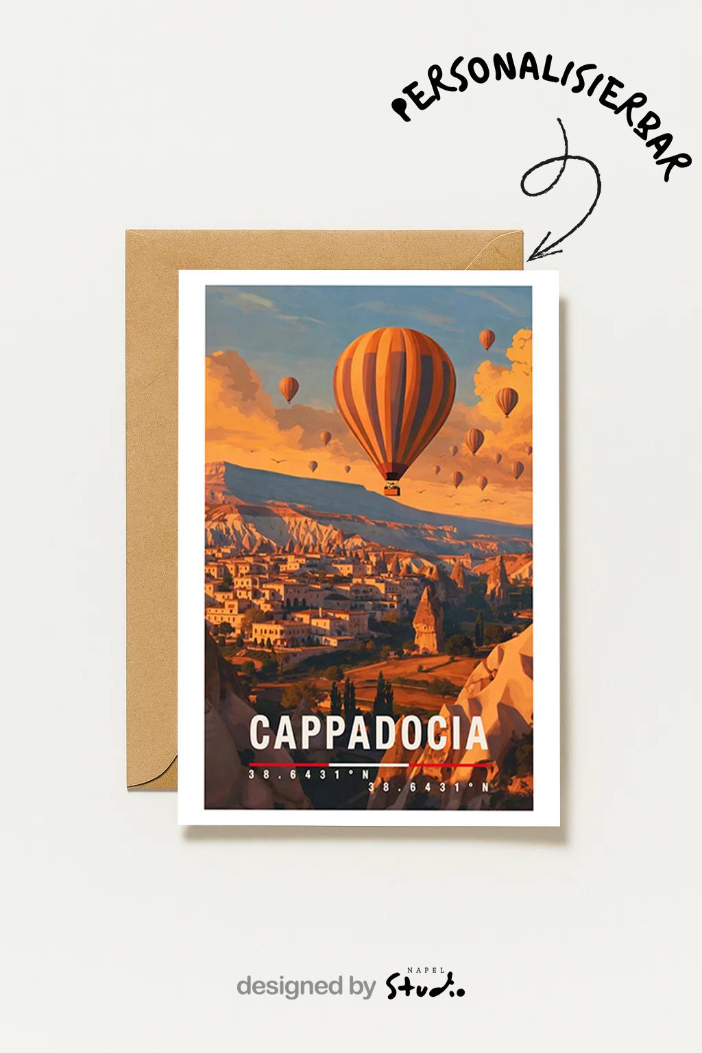 Illustrative Grußkarte mit Cappadocia-Motiv in der Türkei. Ein Heißluftballon schwebt über einzigartigen Felsformationen, kleinen Dörfern und einer warmen Morgenstimmung. Die Szene strahlt Ruhe, Romantik und Abenteuer aus. Ideal als Reise-Grußkarte, Hochzeits- oder Liebesgruß sowie für Türkei-Reisende und Natur-Fans.