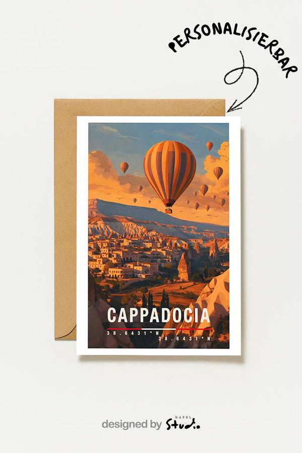 Postkarte Cappadocia Romantische Reise Türkei Mit Heißluftballon, Felsenlandschaft & Sonnenaufgang