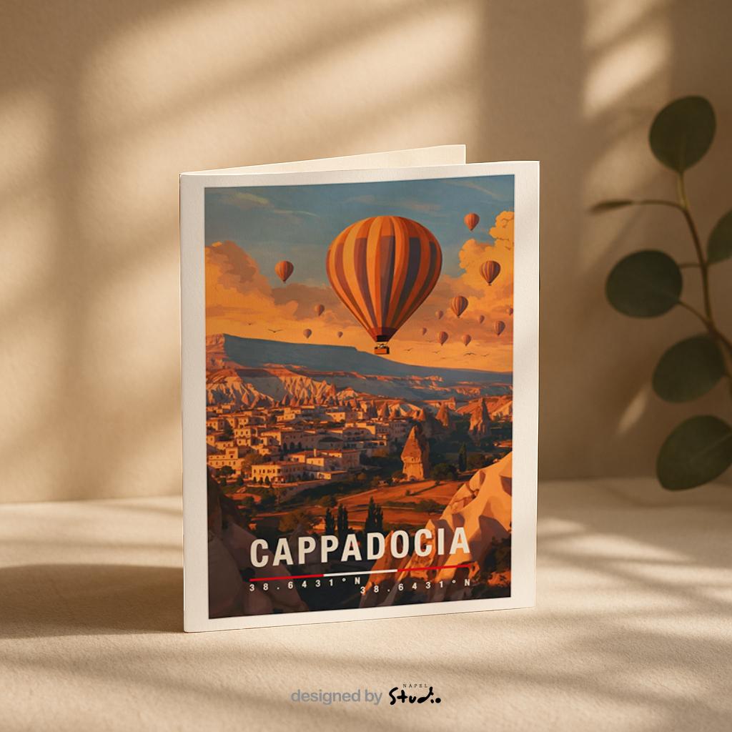 Illustrative Grußkarte mit Cappadocia-Motiv in der Türkei. Ein Heißluftballon schwebt über einzigartigen Felsformationen, kleinen Dörfern und einer warmen Morgenstimmung. Die Szene strahlt Ruhe, Romantik und Abenteuer aus. Ideal als Reise-Grußkarte, Hochzeits- oder Liebesgruß sowie für Türkei-Reisende und Natur-Fans.