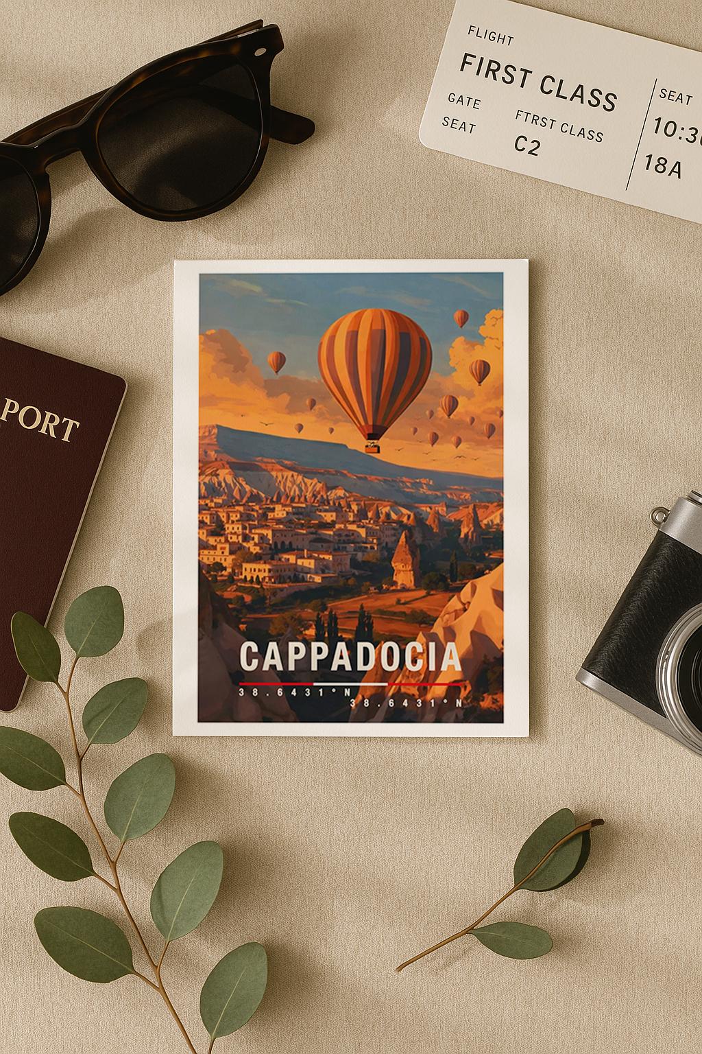 Illustrative Grußkarte mit Cappadocia-Motiv in der Türkei. Ein Heißluftballon schwebt über einzigartigen Felsformationen, kleinen Dörfern und einer warmen Morgenstimmung. Die Szene strahlt Ruhe, Romantik und Abenteuer aus. Ideal als Reise-Grußkarte, Hochzeits- oder Liebesgruß sowie für Türkei-Reisende und Natur-Fans.