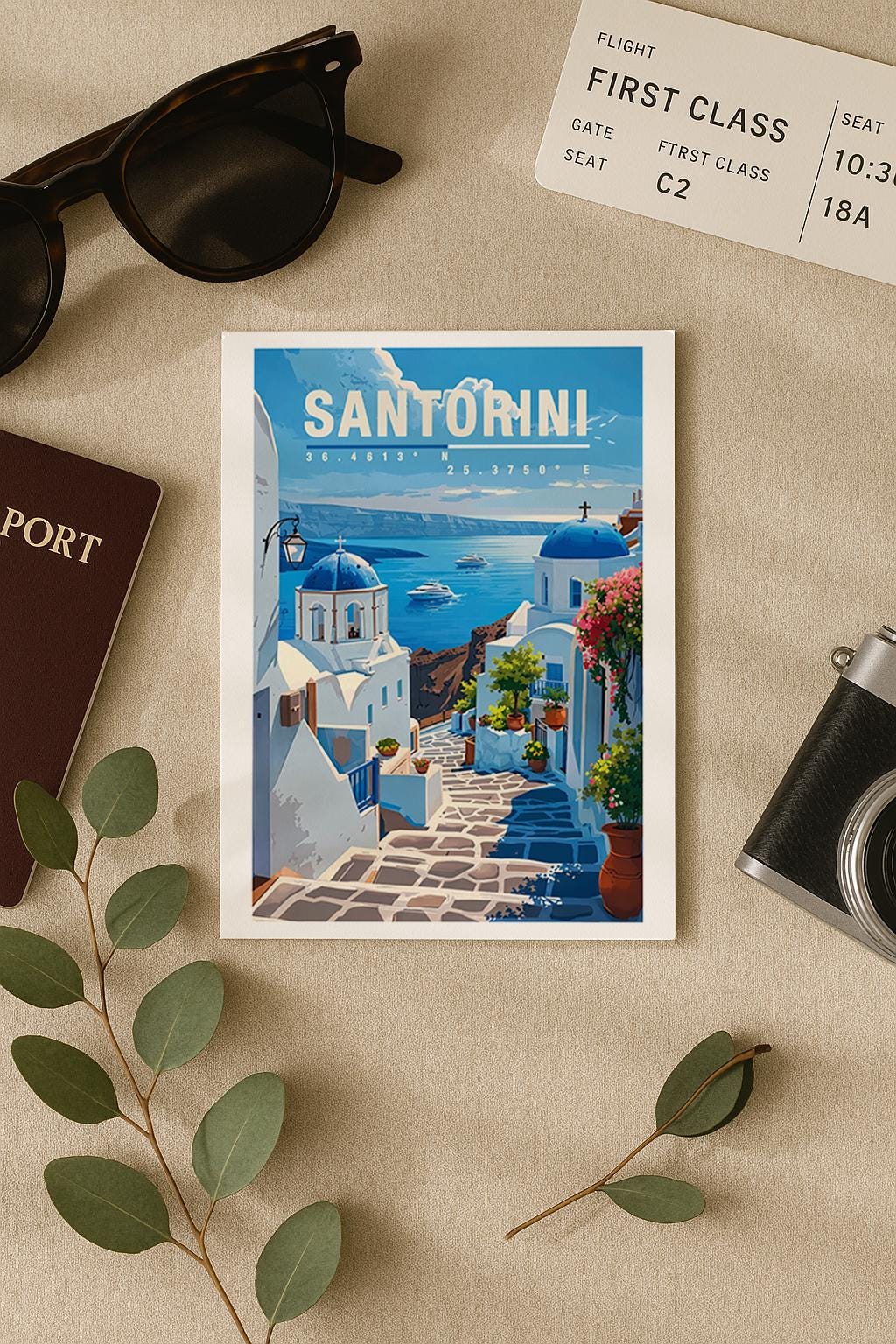 Illustration von Santorini mit weißen Häusern, blauen Kuppeln, Blumen und Blick auf das tiefblaue Meer. Die Szene wirkt ruhig, sonnig und mediterran und vermittelt typisches Griechenland-Flair und romantisches Reisegefühl.
