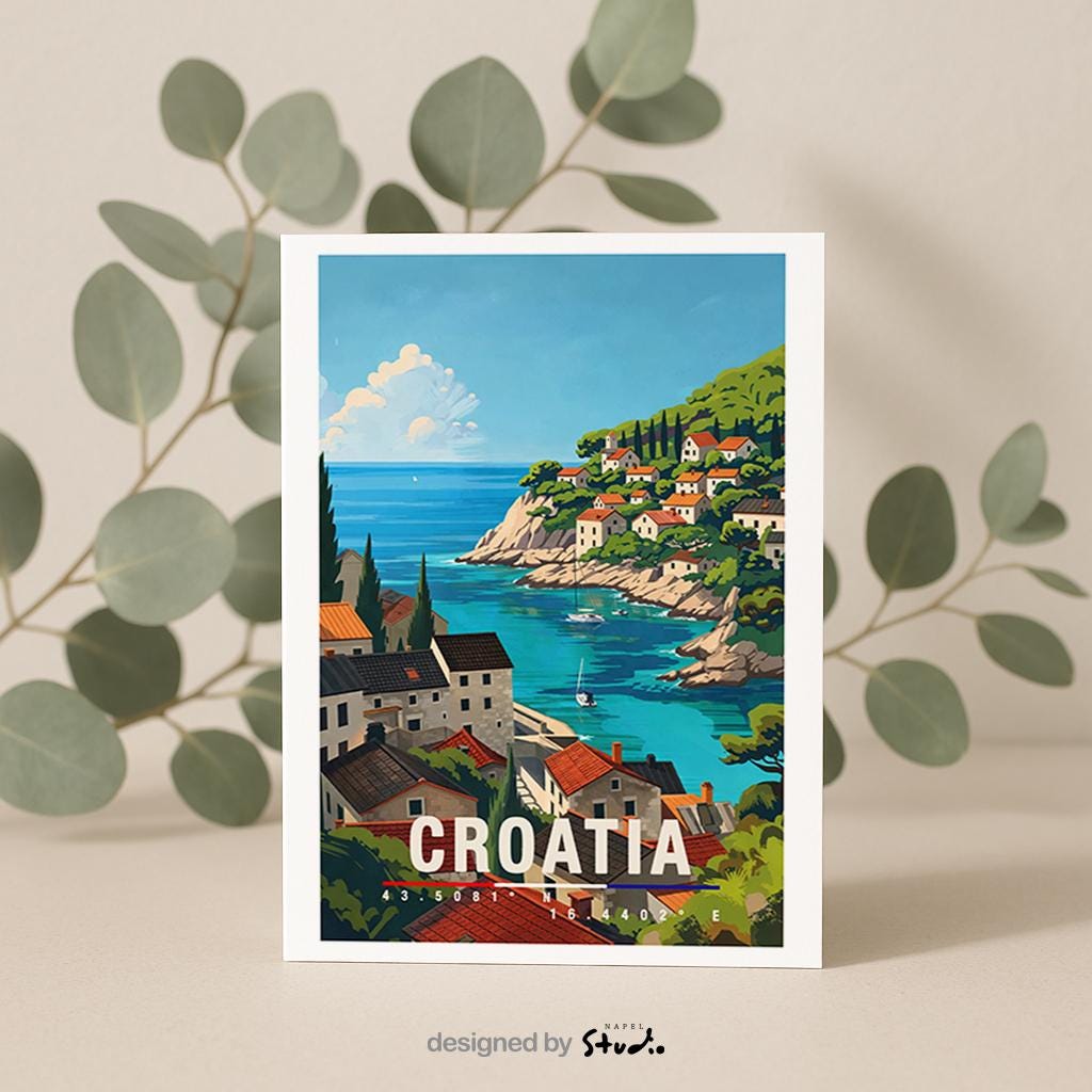 Illustration einer kroatischen Küstenstadt mit roten Dächern, türkisblauem Meer und Booten entlang der Adria. Die Szene wirkt sonnig, entspannt und vermittelt mediterranes Urlaubsgefühl.