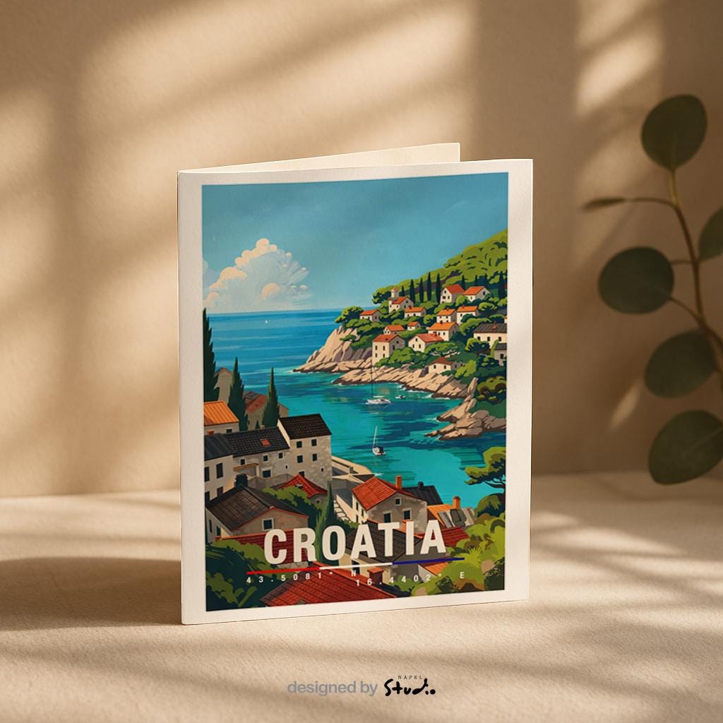 Illustration einer kroatischen Küstenstadt mit roten Dächern, türkisblauem Meer und Booten entlang der Adria. Die Szene wirkt sonnig, entspannt und vermittelt mediterranes Urlaubsgefühl.