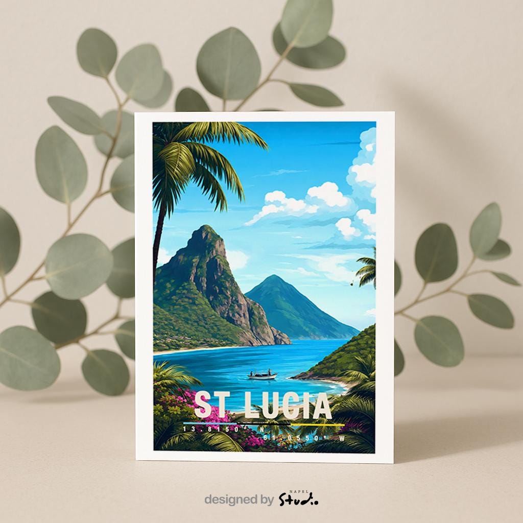 St. Lucia Grußkarte mit Pitons & Karibikstrand | Exotische Reisekarte | St Lucia Caribbean Travel Art Illustration von St. Lucia mit den markanten Pitons, üppiger Natur und türkisblauem Meer. Die Szene wirkt exotisch, ruhig und vermittelt karibisches Reisegefühl.