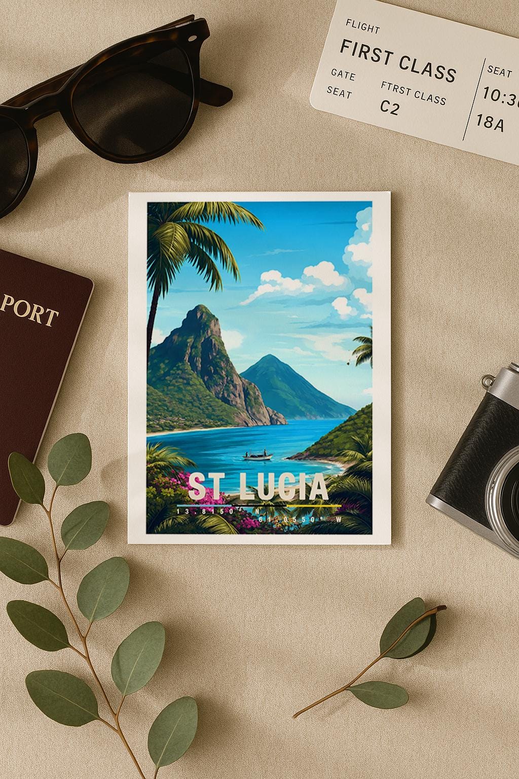 St. Lucia Grußkarte mit Pitons & Karibikstrand | Exotische Reisekarte | St Lucia Caribbean Travel Art Illustration von St. Lucia mit den markanten Pitons, üppiger Natur und türkisblauem Meer. Die Szene wirkt exotisch, ruhig und vermittelt karibisches Reisegefühl.