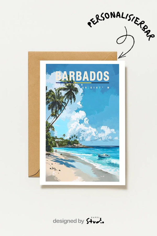Barbados Mit Palmenstrand & Türkisblauem Meer Karibische Reisekarte Sommer Und Urlaub Barbados Caribbean Travel Art