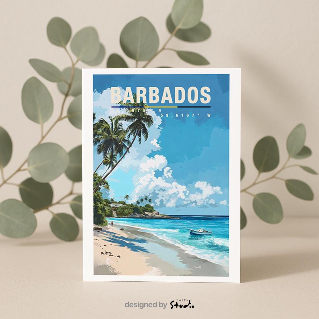Illustration von Barbados mit tropischem Sandstrand, hohen Palmen, türkisfarbenem Meer und Booten nahe der Küste. Die Szene wirkt sonnig, entspannt und vermittelt typisches Karibik-Flair mit Sommer- und Urlaubsgefühl.