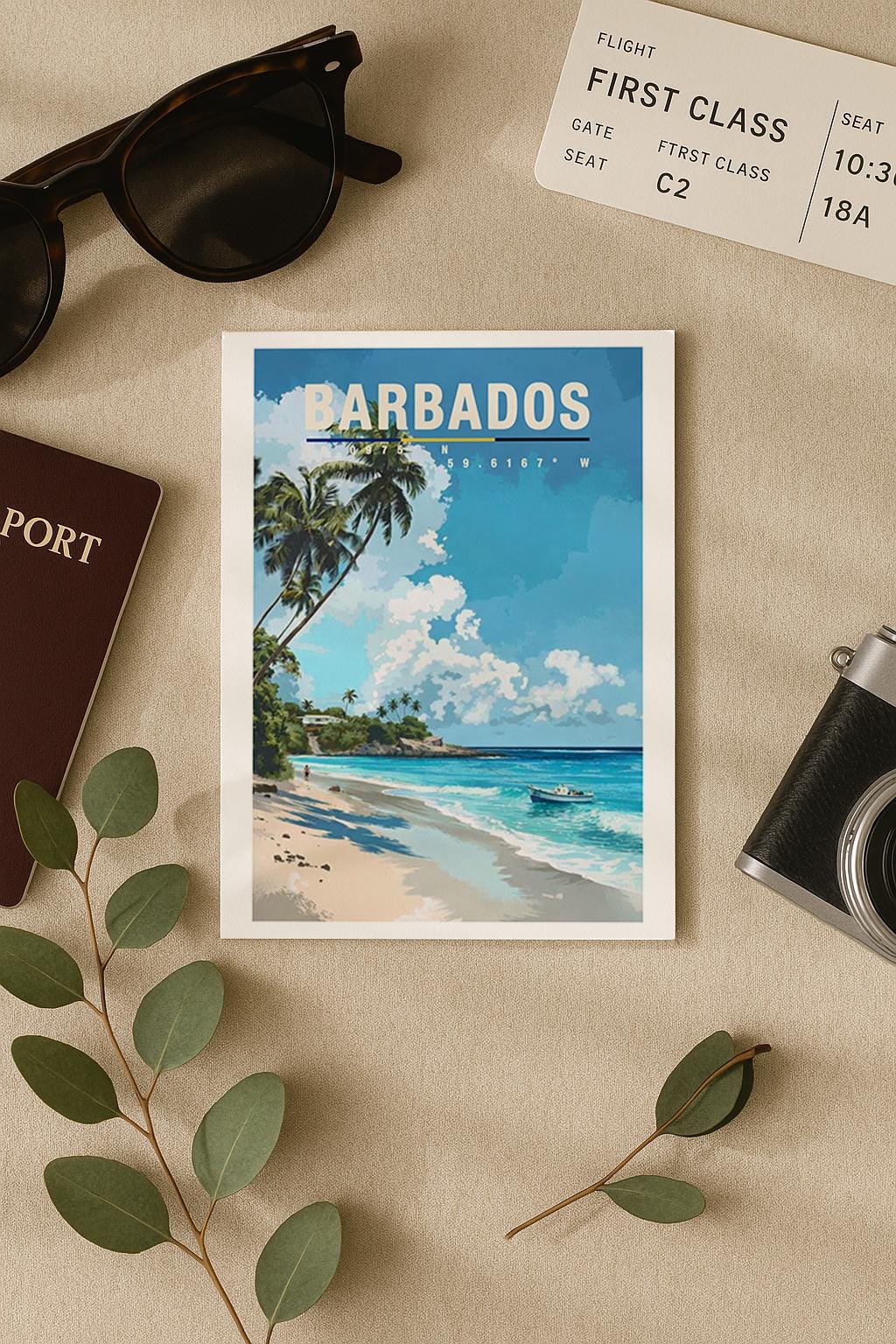 Illustration von Barbados mit tropischem Sandstrand, hohen Palmen, türkisfarbenem Meer und Booten nahe der Küste. Die Szene wirkt sonnig, entspannt und vermittelt typisches Karibik-Flair mit Sommer- und Urlaubsgefühl.