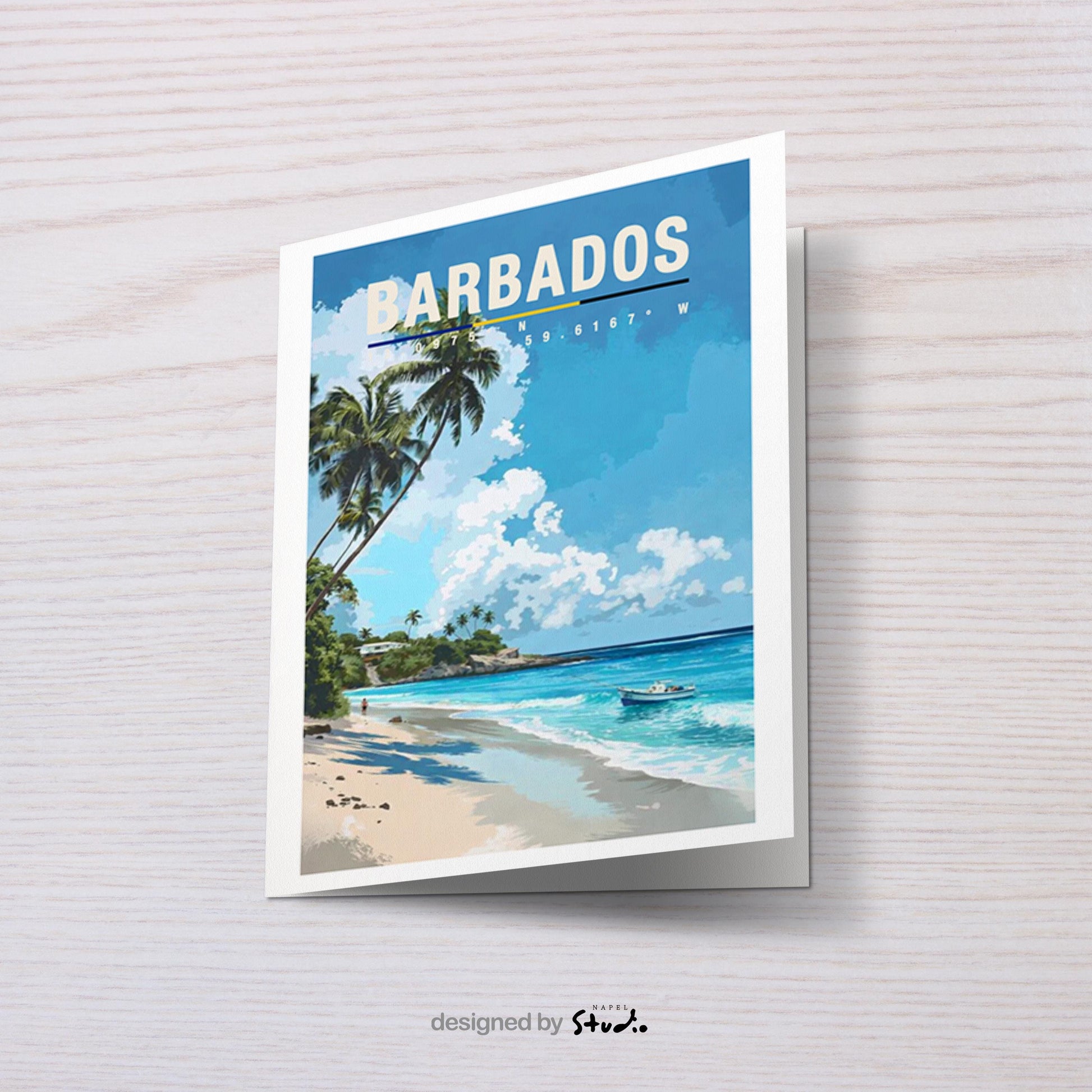 Illustration von Barbados mit tropischem Sandstrand, hohen Palmen, türkisfarbenem Meer und Booten nahe der Küste. Die Szene wirkt sonnig, entspannt und vermittelt typisches Karibik-Flair mit Sommer- und Urlaubsgefühl.