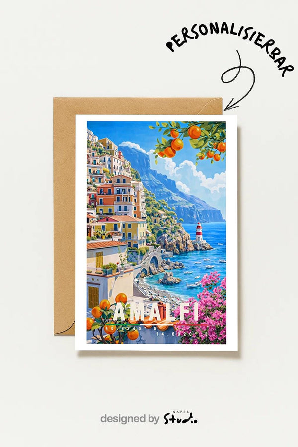 Amalfi Mit Zitronen & Küste Romantische Italien Reisekarte Amalfi Coast Italy Travel Art Italien
