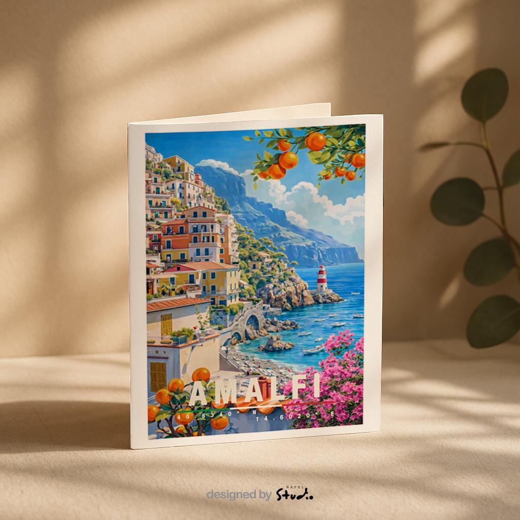 Illustration der Amalfiküste mit bunten Häusern, Zitronenbäumen, Meerblick und Leuchtturm. Die Szene wirkt lebendig, mediterran und vermittelt italienisches Dolce-Vita-Gefühl.
