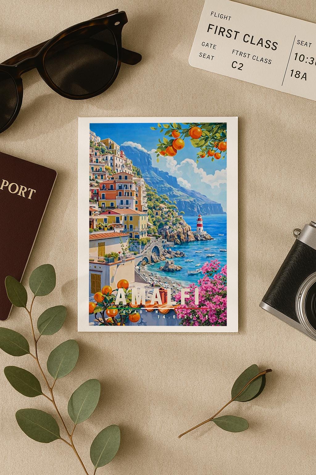 Illustration der Amalfiküste mit bunten Häusern, Zitronenbäumen, Meerblick und Leuchtturm. Die Szene wirkt lebendig, mediterran und vermittelt italienisches Dolce-Vita-Gefühl.
