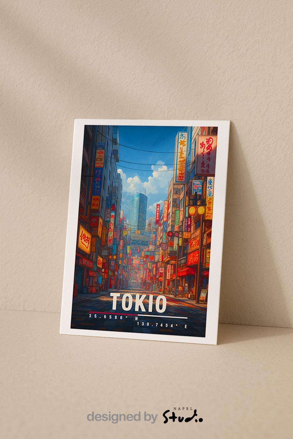 Illustration einer belebten Straße in Tokio mit leuchtenden Neonreklamen, japanischen Schriftzeichen und moderner Stadtarchitektur. Die Szene wirkt urban, dynamisch und atmosphärisch und vermittelt das typische Großstadt- und Nachtleben-Gefühl Japans.