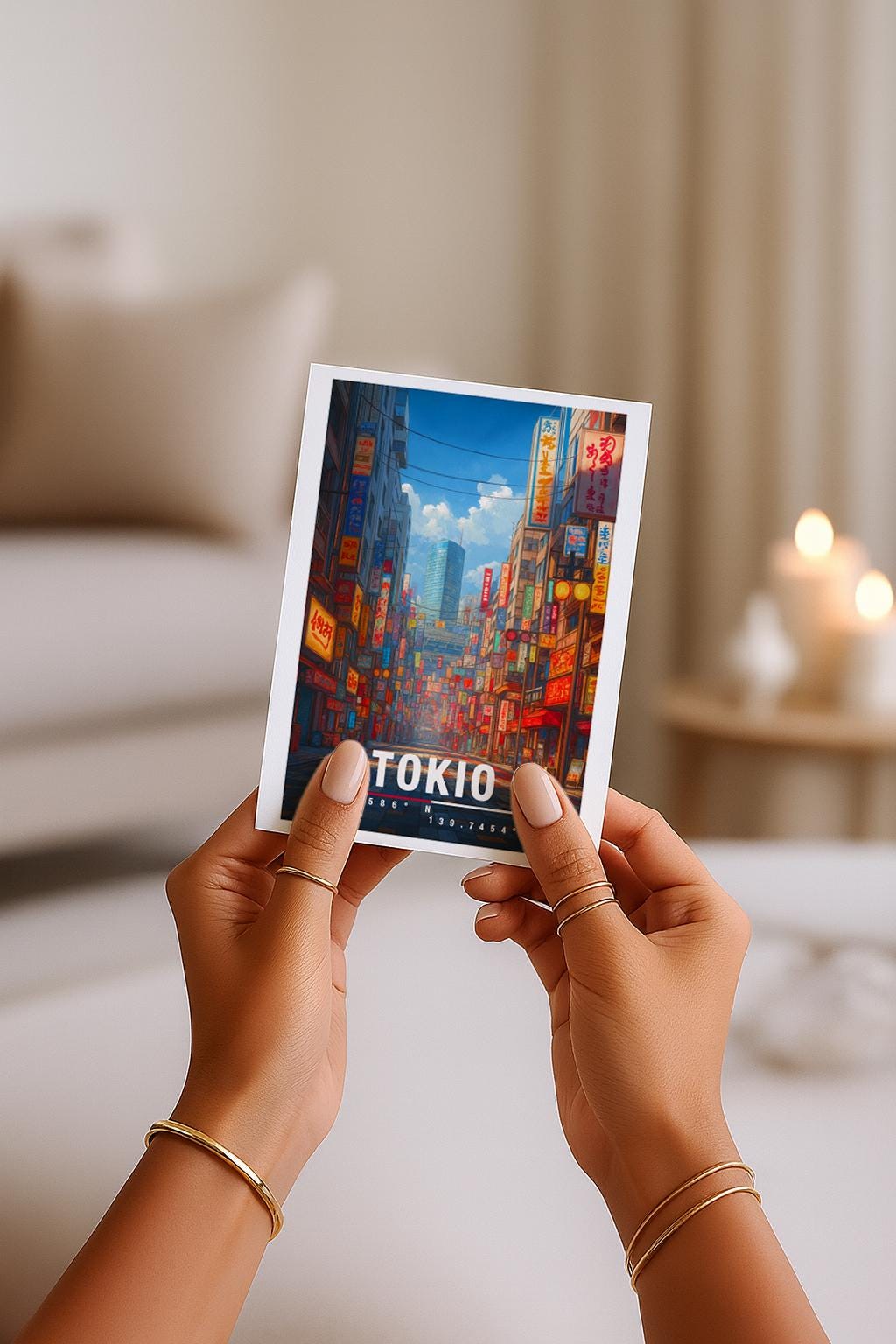 Illustration einer belebten Straße in Tokio mit leuchtenden Neonreklamen, japanischen Schriftzeichen und moderner Stadtarchitektur. Die Szene wirkt urban, dynamisch und atmosphärisch und vermittelt das typische Großstadt- und Nachtleben-Gefühl Japans.