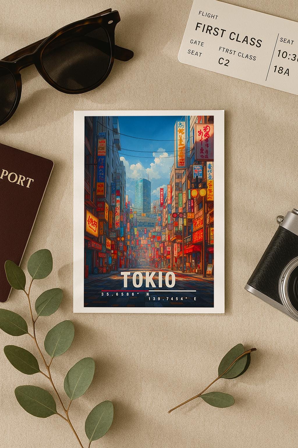 Illustration einer belebten Straße in Tokio mit leuchtenden Neonreklamen, japanischen Schriftzeichen und moderner Stadtarchitektur. Die Szene wirkt urban, dynamisch und atmosphärisch und vermittelt das typische Großstadt- und Nachtleben-Gefühl Japans.