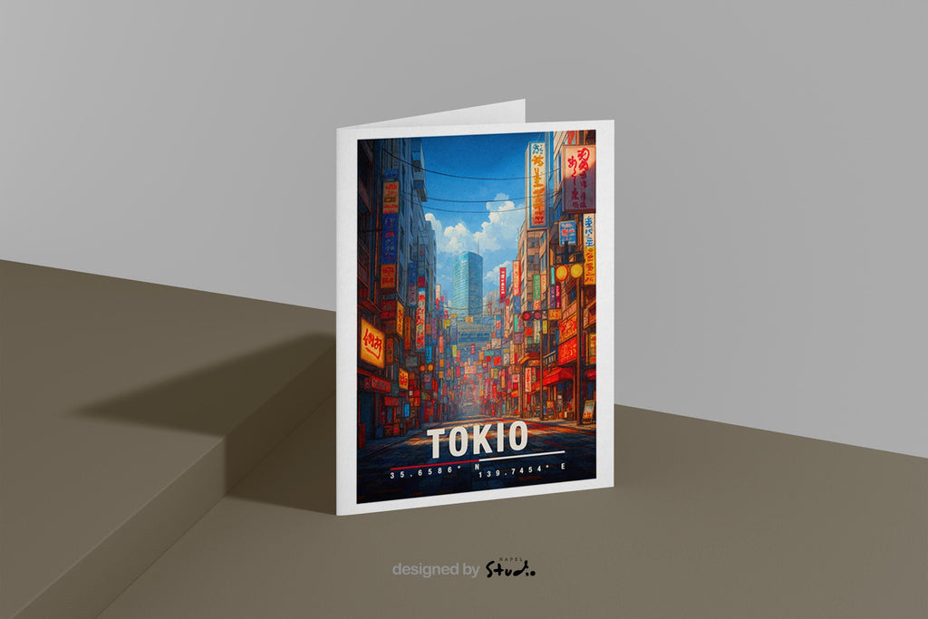 Illustration einer belebten Straße in Tokio mit leuchtenden Neonreklamen, japanischen Schriftzeichen und moderner Stadtarchitektur. Die Szene wirkt urban, dynamisch und atmosphärisch und vermittelt das typische Großstadt- und Nachtleben-Gefühl Japans.