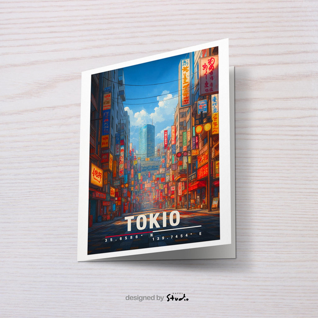 Illustration einer belebten Straße in Tokio mit leuchtenden Neonreklamen, japanischen Schriftzeichen und moderner Stadtarchitektur. Die Szene wirkt urban, dynamisch und atmosphärisch und vermittelt das typische Großstadt- und Nachtleben-Gefühl Japans.