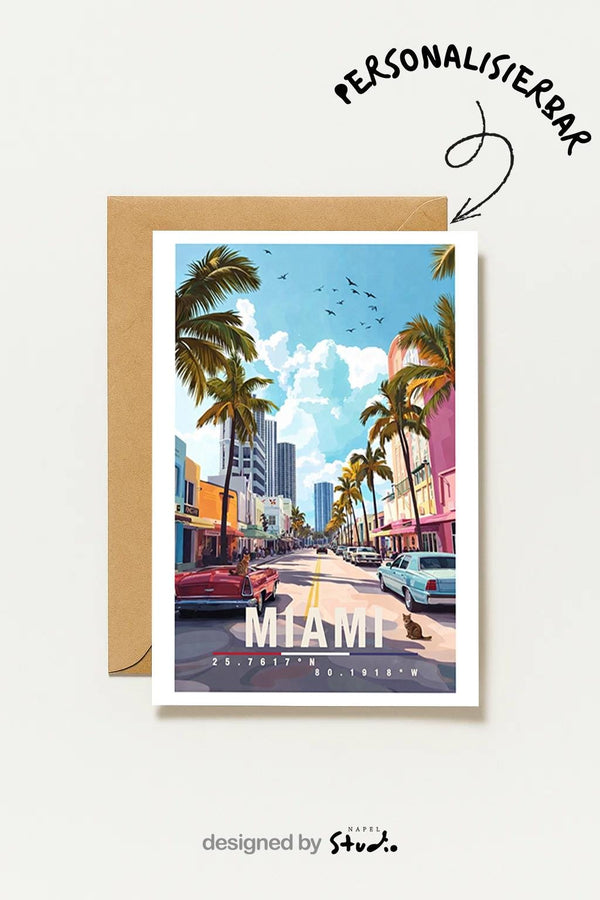 Postkarte Miami Ocean Drive Illustration Mit Palmen, Oldtimern & Art Déco Florida Reise