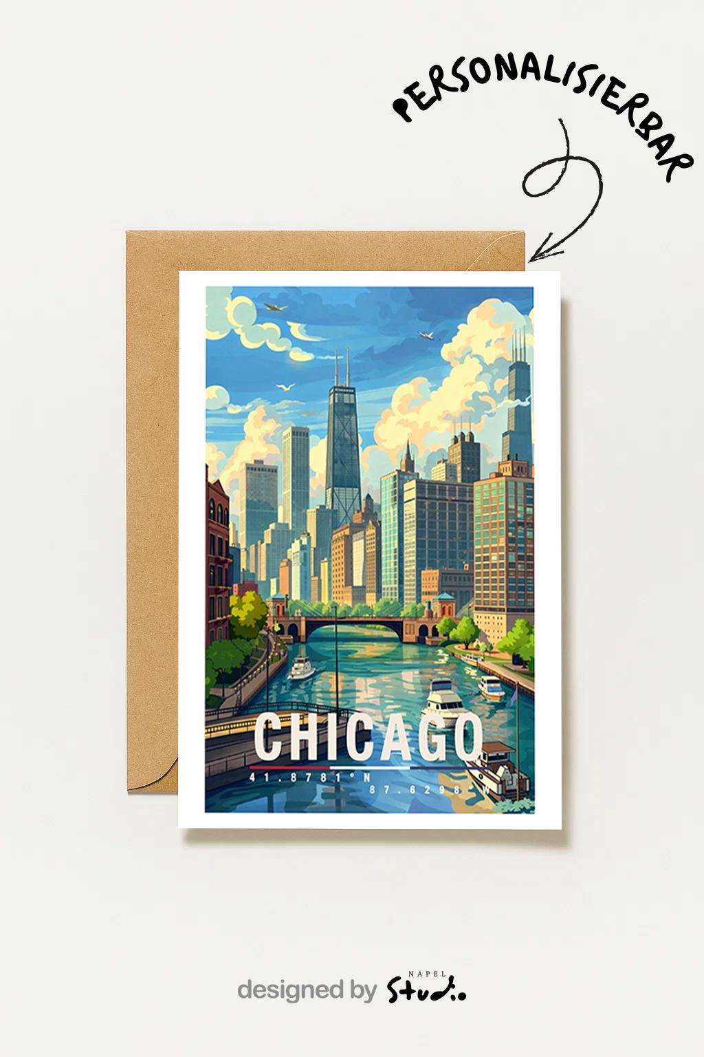 Diese Grußkarte zeigt Chicago mit markanter Skyline, Flusslauf und typischen Hochhäusern. Die Illustration vermittelt urbane Ruhe und Architektur-Flair und eignet sich ideal als Grußkarte oder Geschenk für Chicago- und USA-Fans.