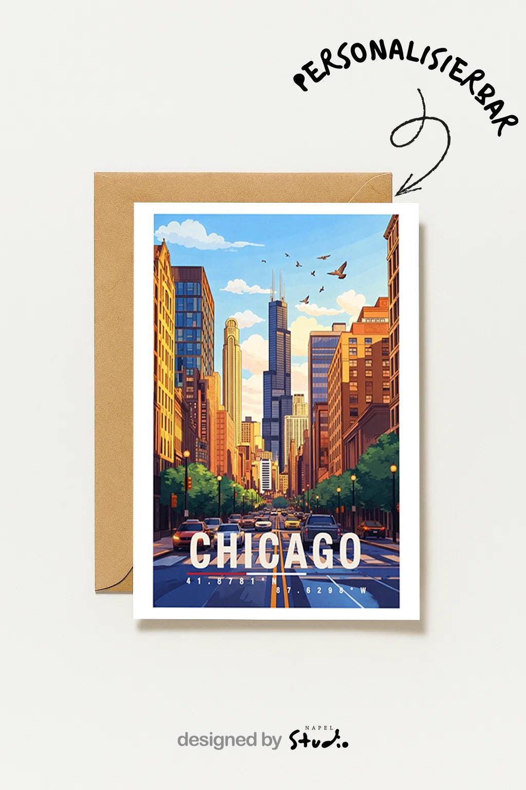 Illustrierte Grußkarte mit Blick auf eine typische Chicagoer Straße, flankiert von hohen Gebäuden und urbanem Leben. Die Szene fängt Dynamik, Architektur und Großstadtgefühl ein und ist perfekt als Reisegruß oder Geschenk geeignet.