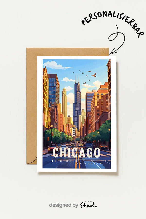 Postkarte Chicago Downtown Straßenansicht Mit Skyline & Wolkenkratzern Usa Reise Illustration
